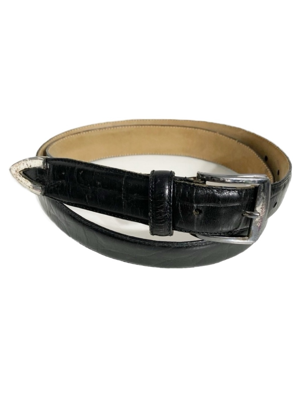 Perry Ellis Italian Calfskin Embossed Leather Belt Size 38 Silver Toned Harfware